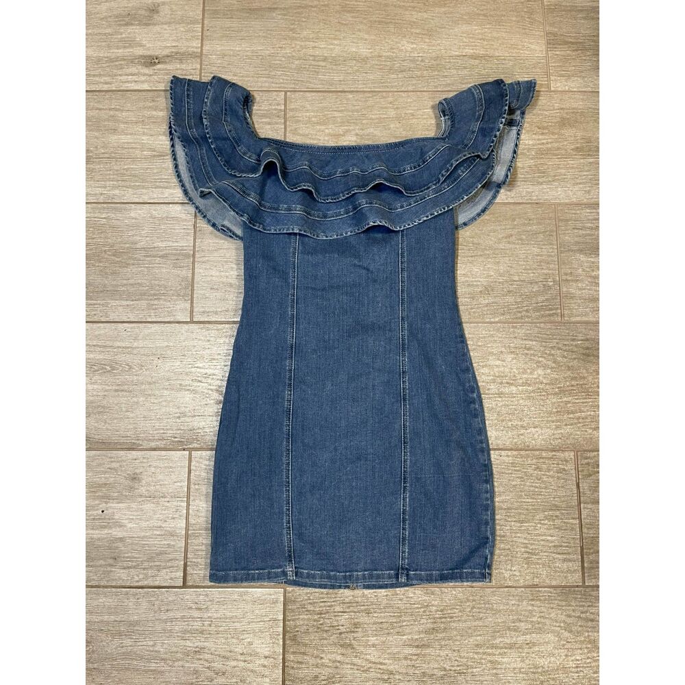 Guess Rosaleeah Ruffled Off-The-Shoulder Denim Dress